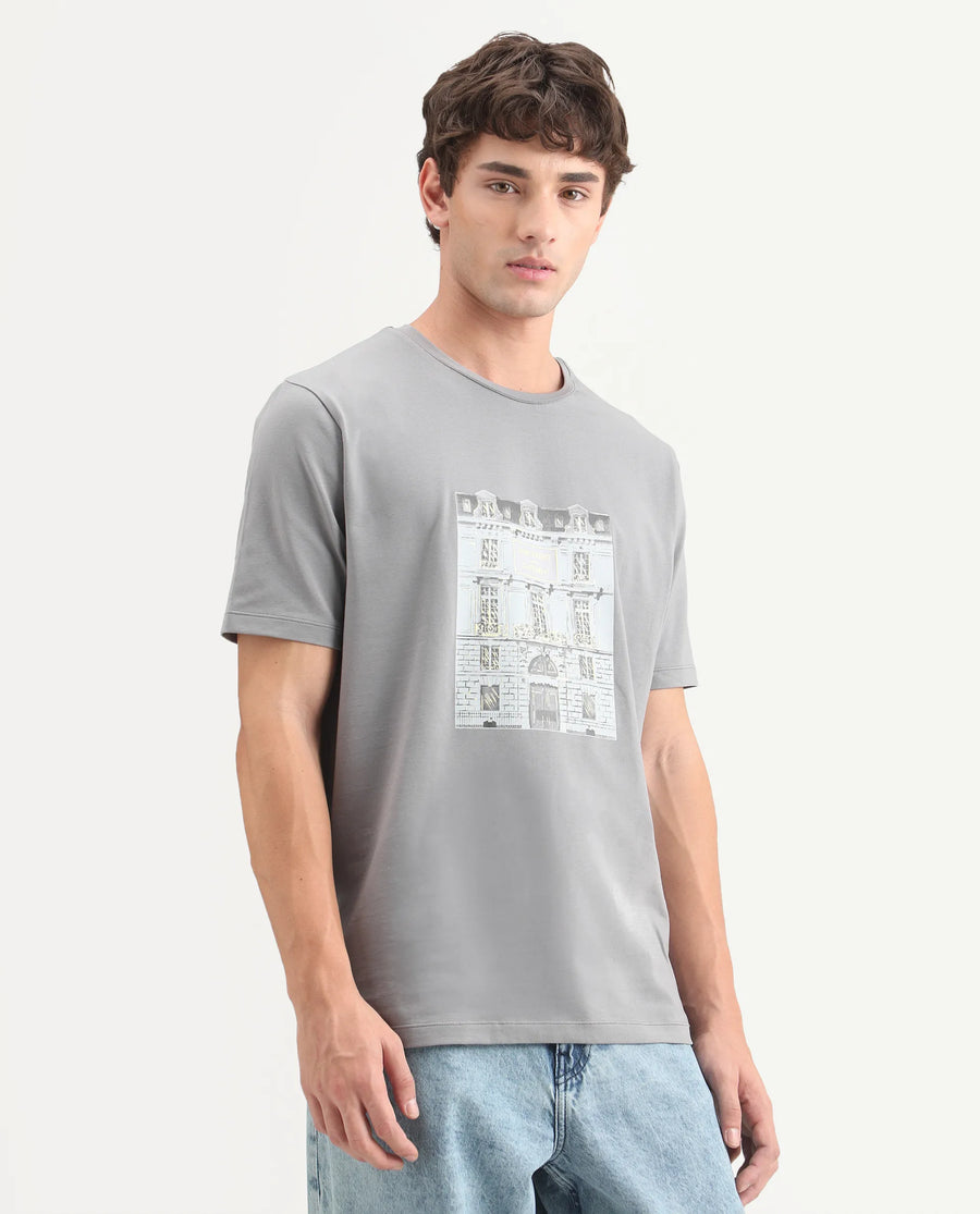 Rare Rabbit Men's Buda Grey Cotton Blend Crew Neck Regular Graphic Print T-Shirt