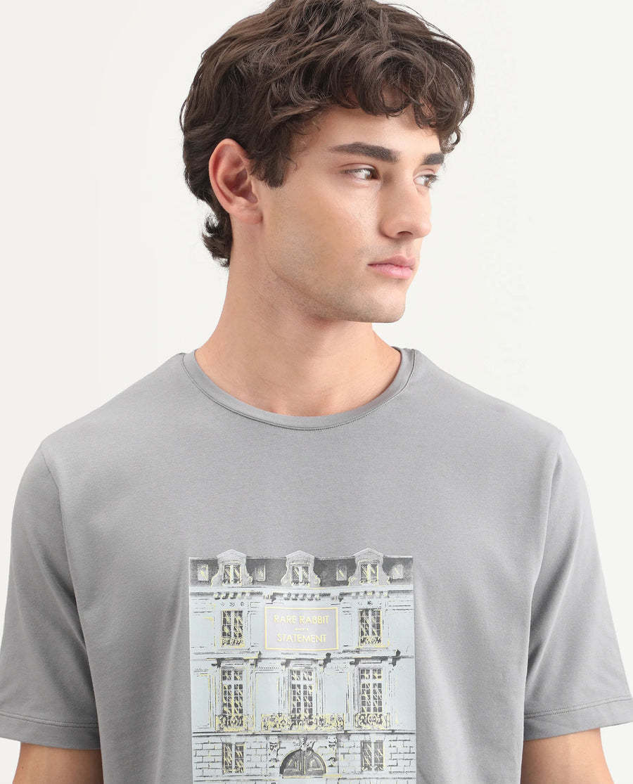 Rare Rabbit Men's Buda Grey Cotton Blend Crew Neck Regular Graphic Print T-Shirt