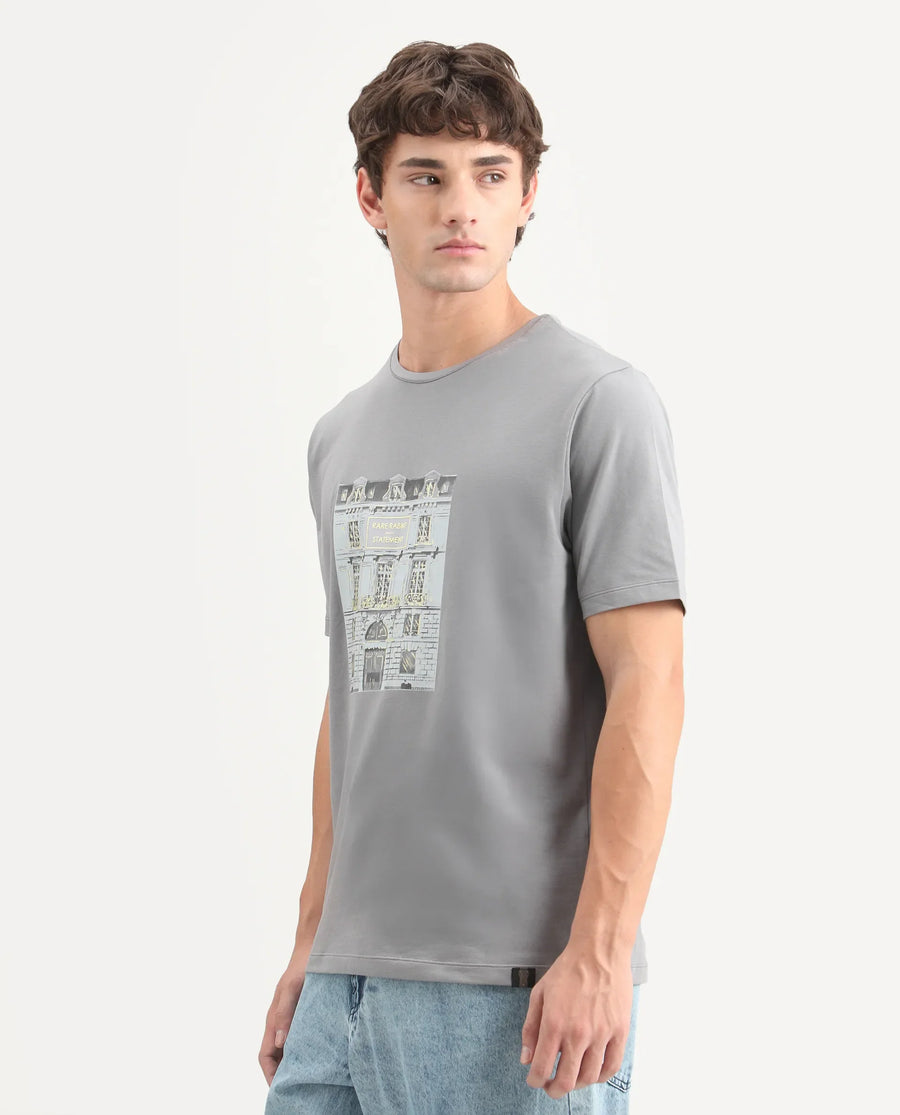 Rare Rabbit Men's Buda Grey Cotton Blend Crew Neck Regular Graphic Print T-Shirt