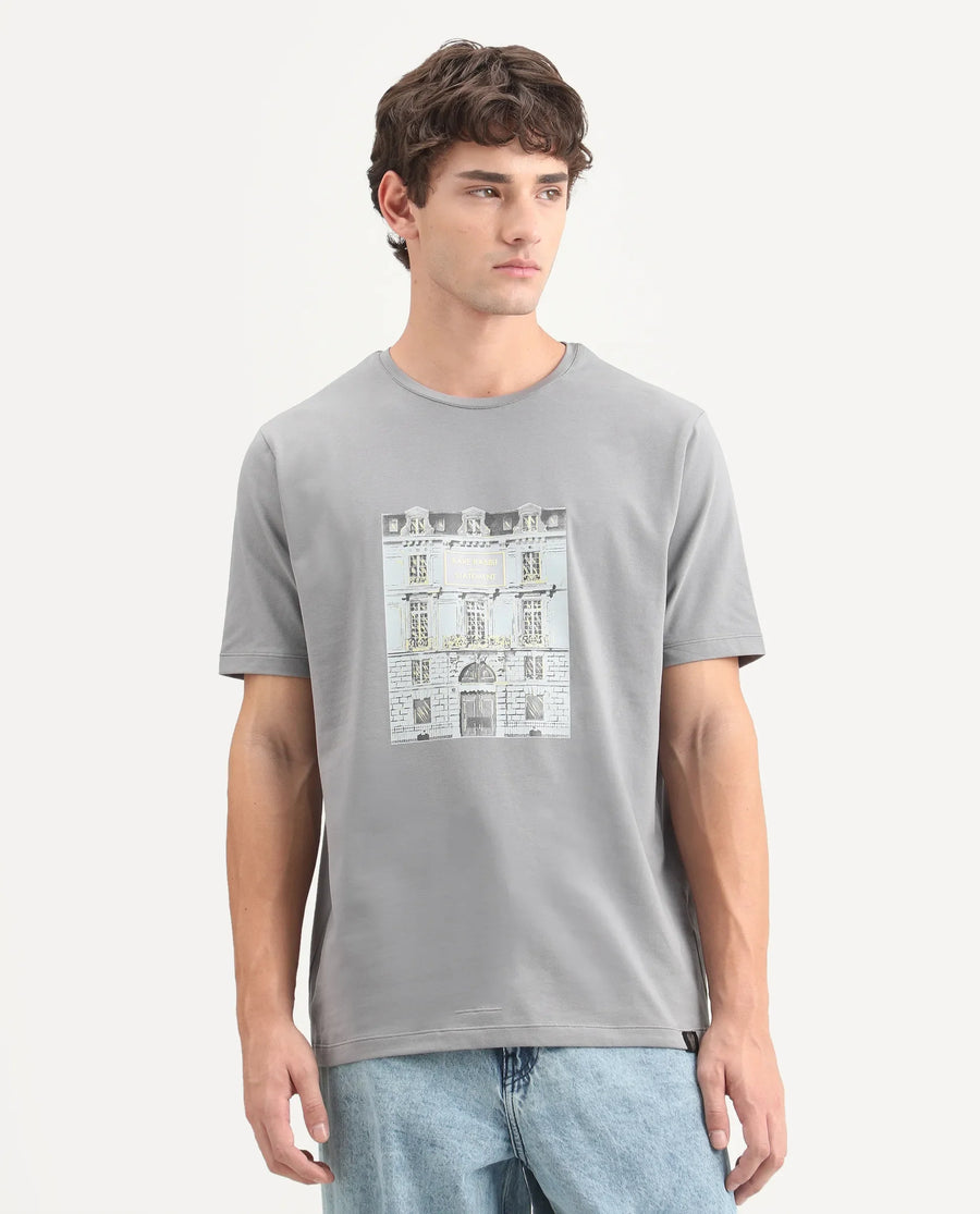 Rare Rabbit Men's Buda Grey Cotton Blend Crew Neck Regular Graphic Print T-Shirt