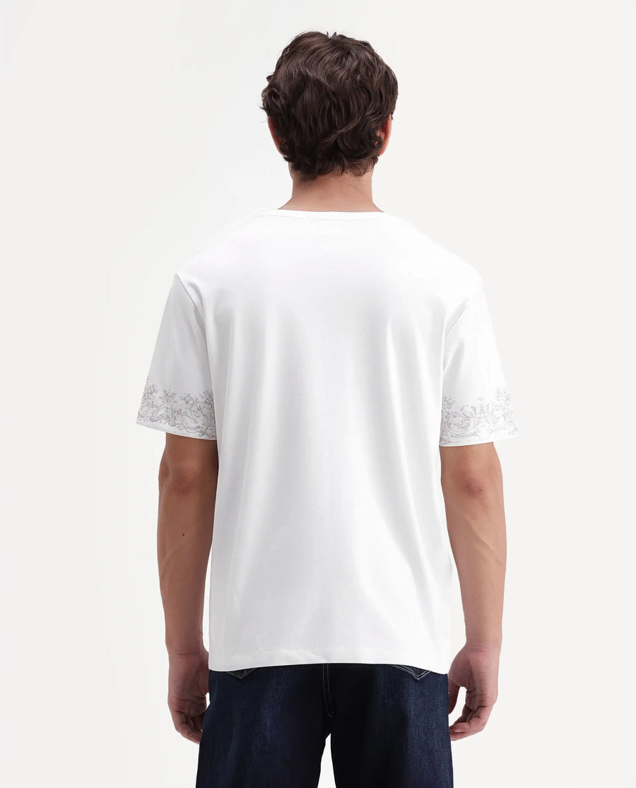 Rare Rabbit Men's True White Cotton Crew Neck Regular Fit Graphic Print T-Shirt