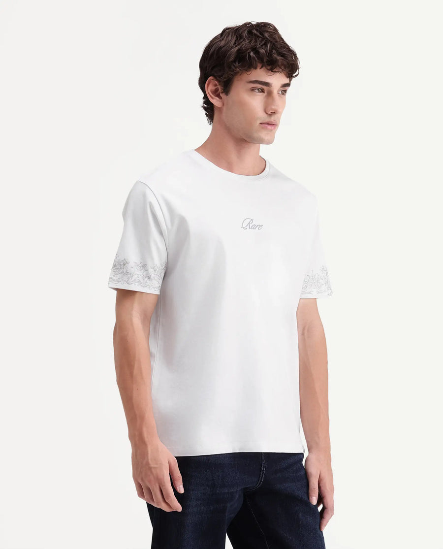 Rare Rabbit Men's True White Cotton Crew Neck Regular Fit Graphic Print T-Shirt