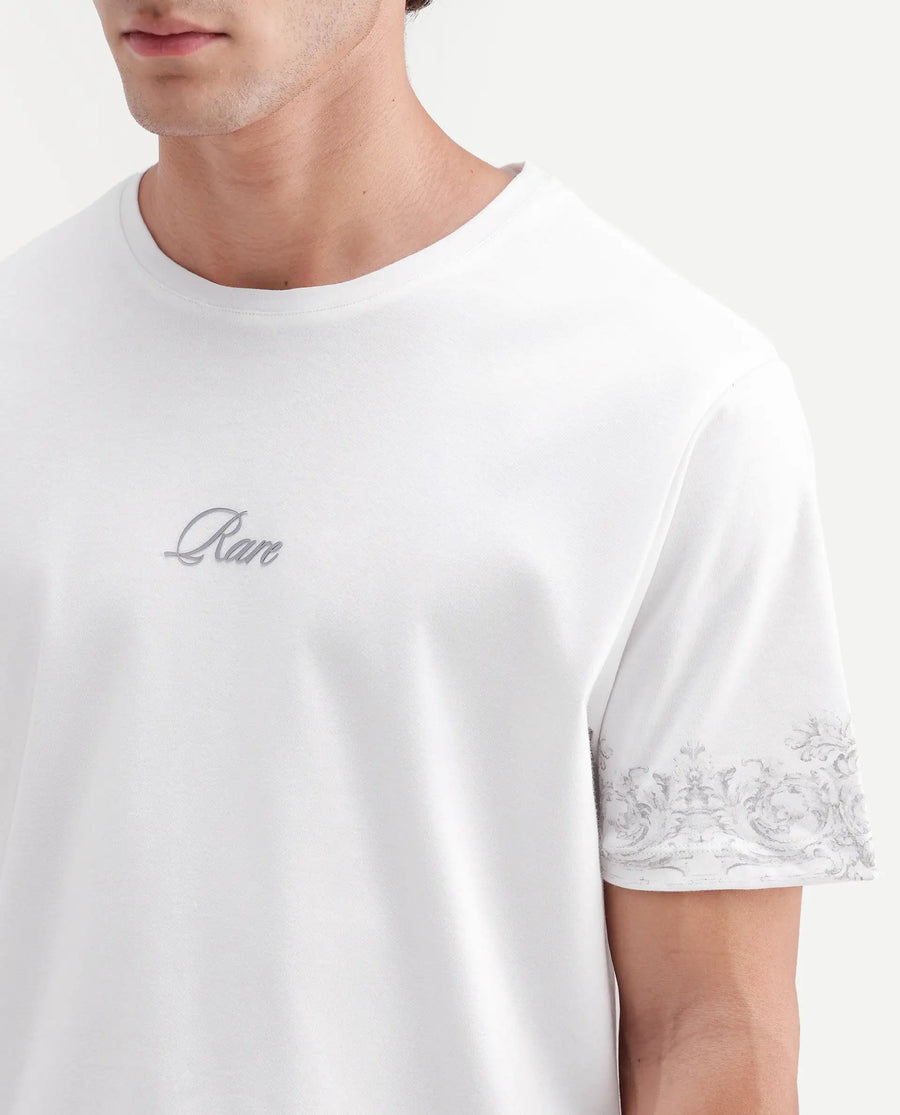 Rare Rabbit Men's True White Cotton Crew Neck Regular Fit Graphic Print T-Shirt