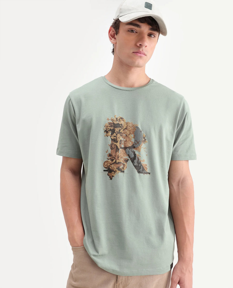 Rare Rabbit Men's Jeh Dusky Green Cotton Blend Crew Neck Regular Graphic Print T-Shirt