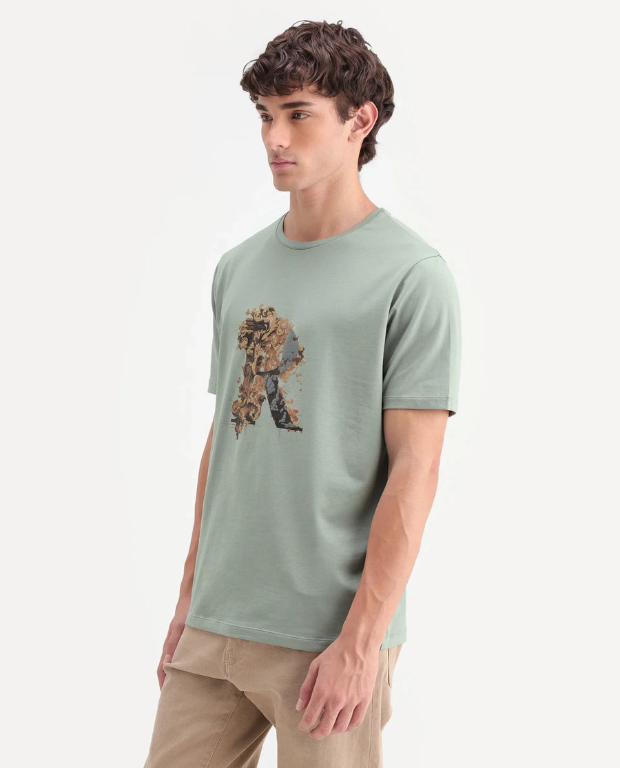 Rare Rabbit Men's Jeh Dusky Green Cotton Blend Crew Neck Regular Graphic Print T-Shirt
