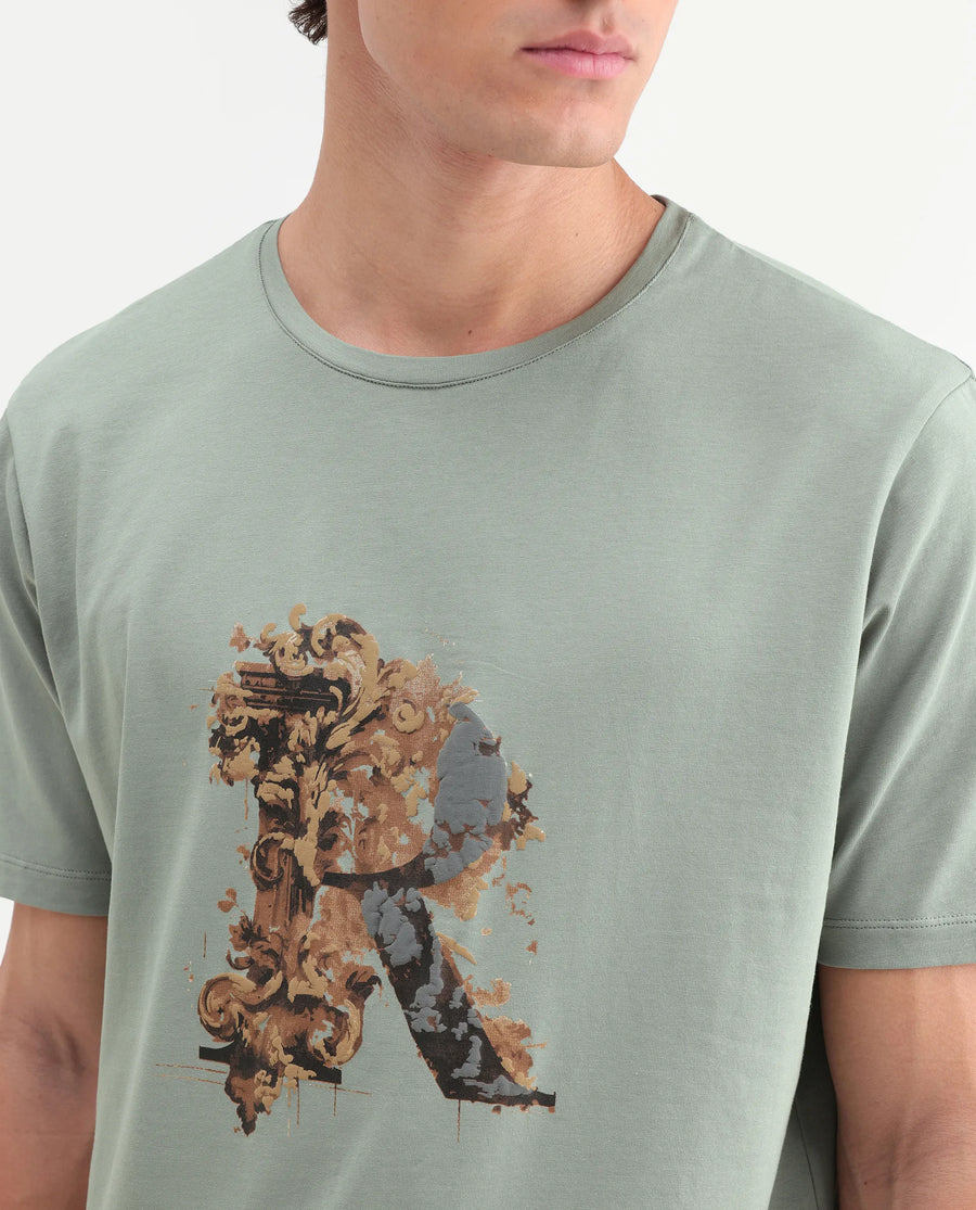 Rare Rabbit Men's Jeh Dusky Green Cotton Blend Crew Neck Regular Graphic Print T-Shirt