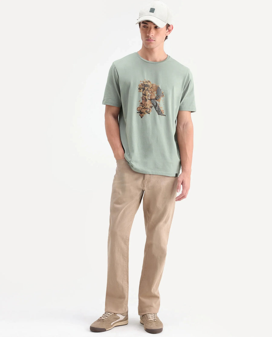 Rare Rabbit Men's Jeh Dusky Green Cotton Blend Crew Neck Regular Graphic Print T-Shirt