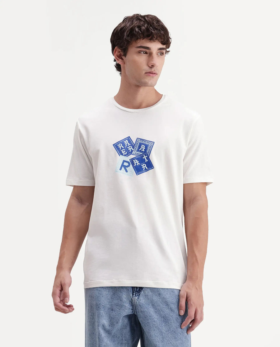 Rare Rabbit Men's Zeko Off White Cotton Blend Crew Neck Regular Graphic Print T-Shirt