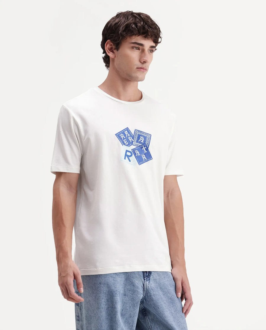 Rare Rabbit Men's Zeko Off White Cotton Blend Crew Neck Regular Graphic Print T-Shirt