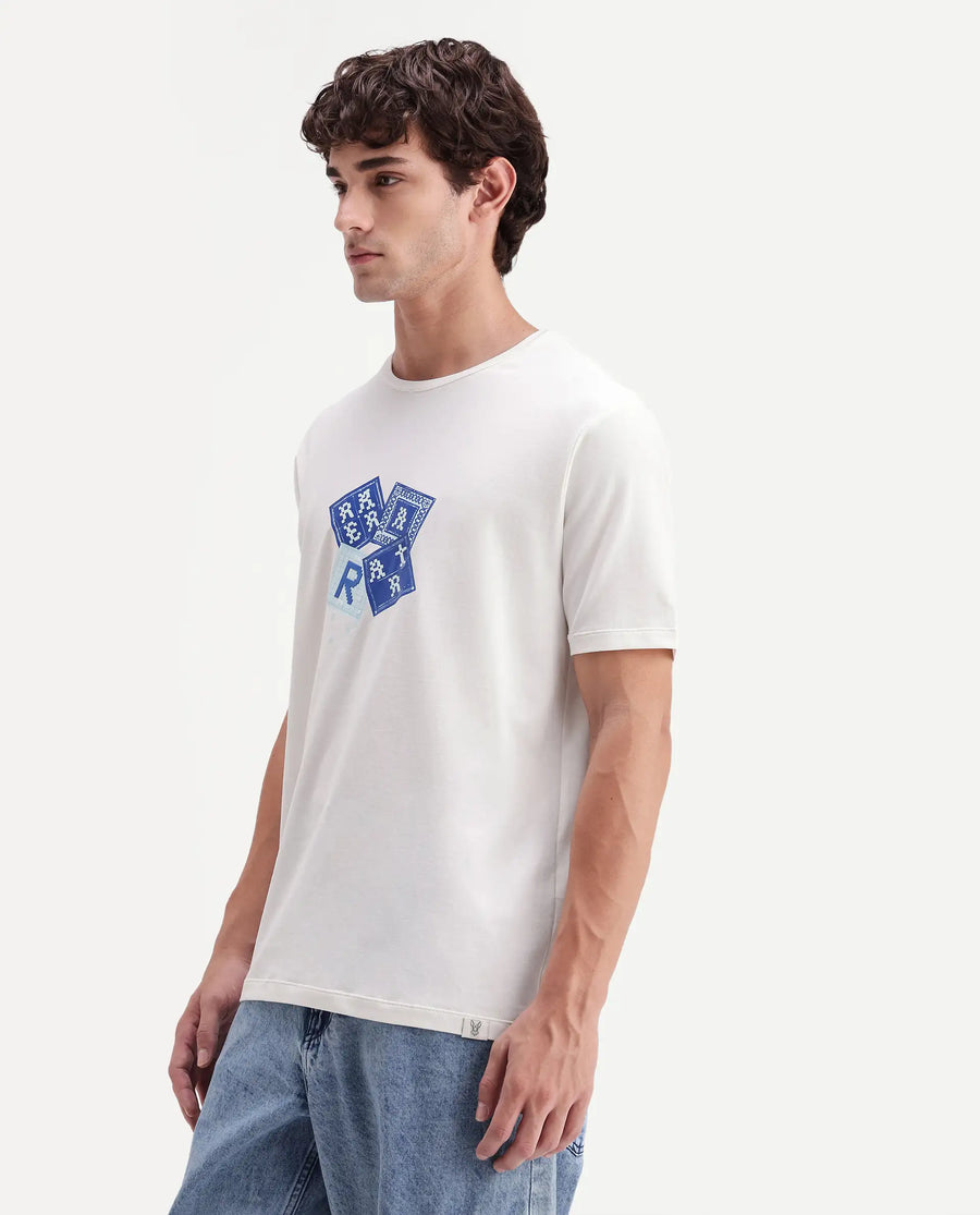 Rare Rabbit Men's Zeko Off White Cotton Blend Crew Neck Regular Graphic Print T-Shirt