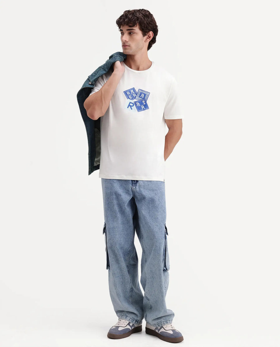 Rare Rabbit Men's Zeko Off White Cotton Blend Crew Neck Regular Graphic Print T-Shirt