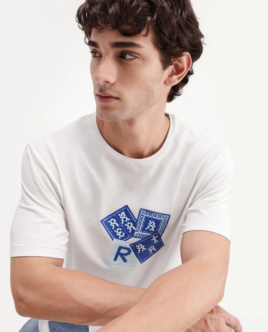 Rare Rabbit Men's Zeko Off White Cotton Blend Crew Neck Regular Graphic Print T-Shirt