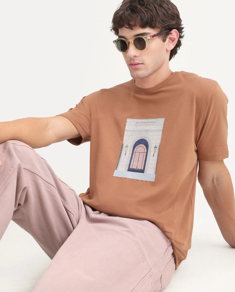 Rare Rabbit Men's Gral Dusky Rust Cotton Blend Crew Neck Regular Graphic Print T-Shirt