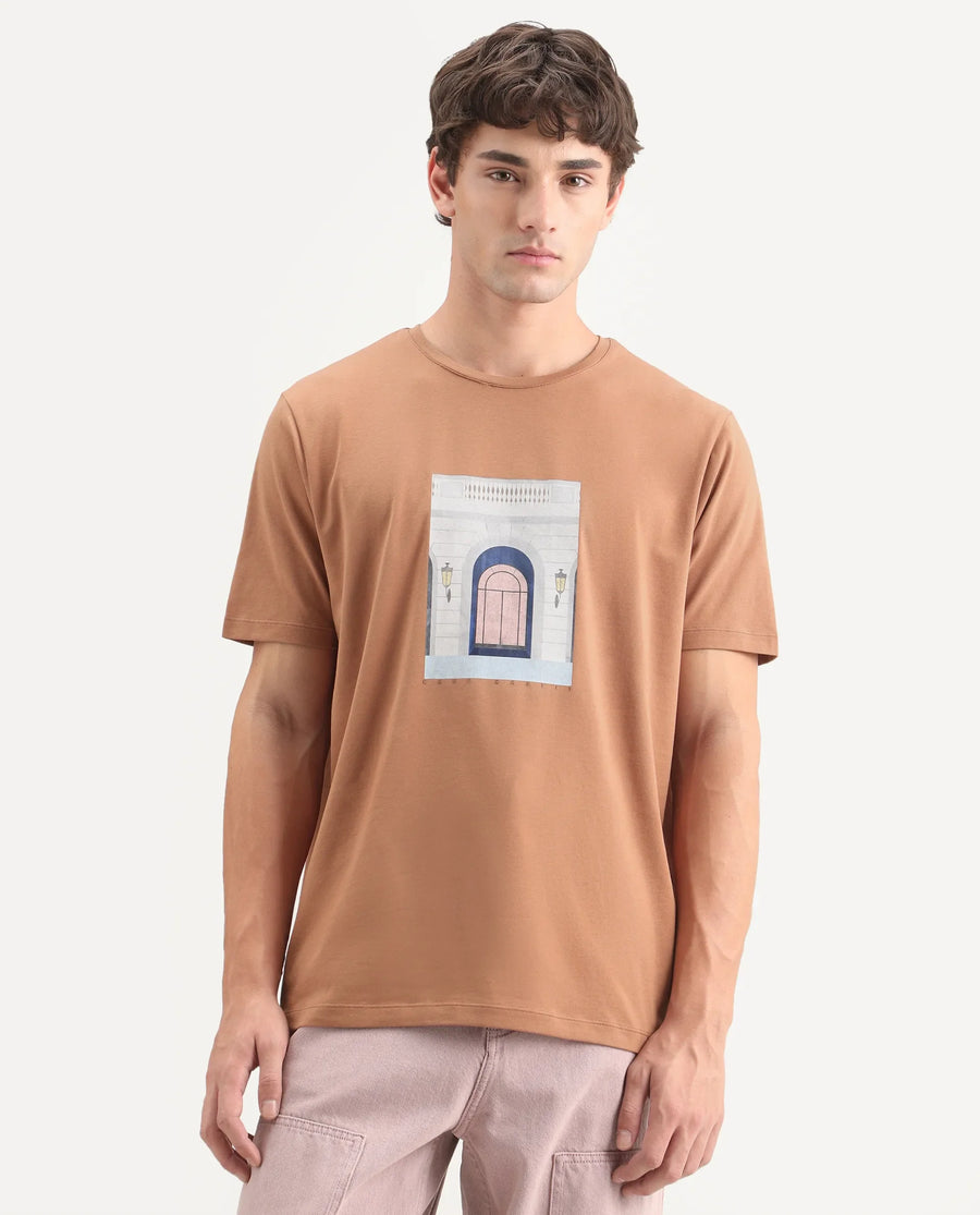 Rare Rabbit Men's Gral Dusky Rust Cotton Blend Crew Neck Regular Graphic Print T-Shirt