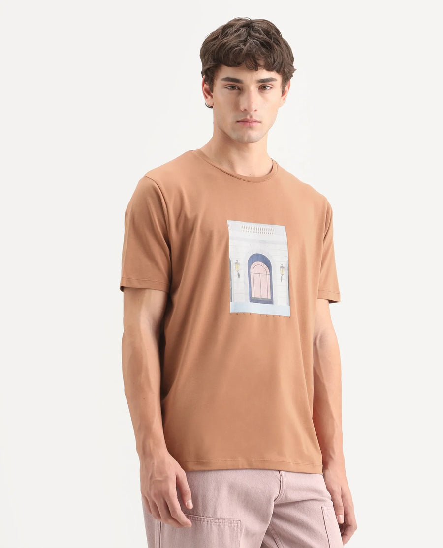 Rare Rabbit Men's Gral Dusky Rust Cotton Blend Crew Neck Regular Graphic Print T-Shirt