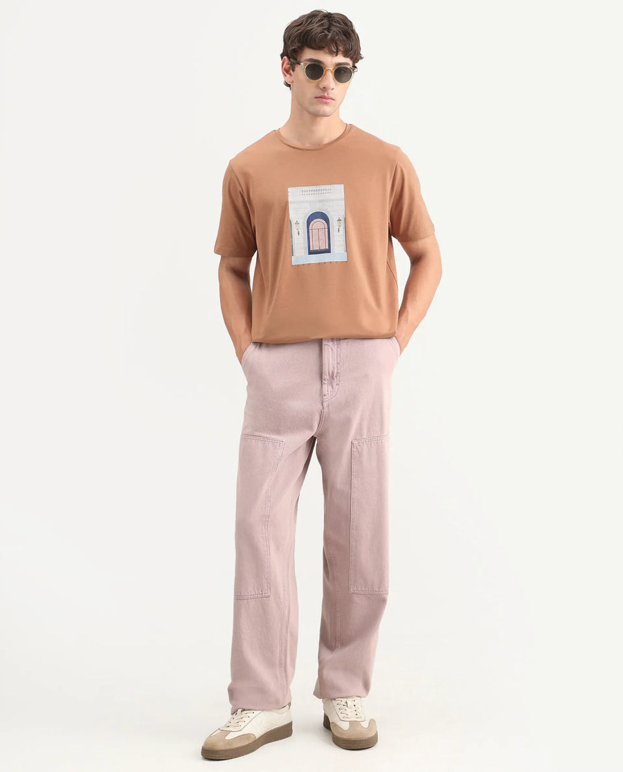 Rare Rabbit Men's Gral Dusky Rust Cotton Blend Crew Neck Regular Graphic Print T-Shirt