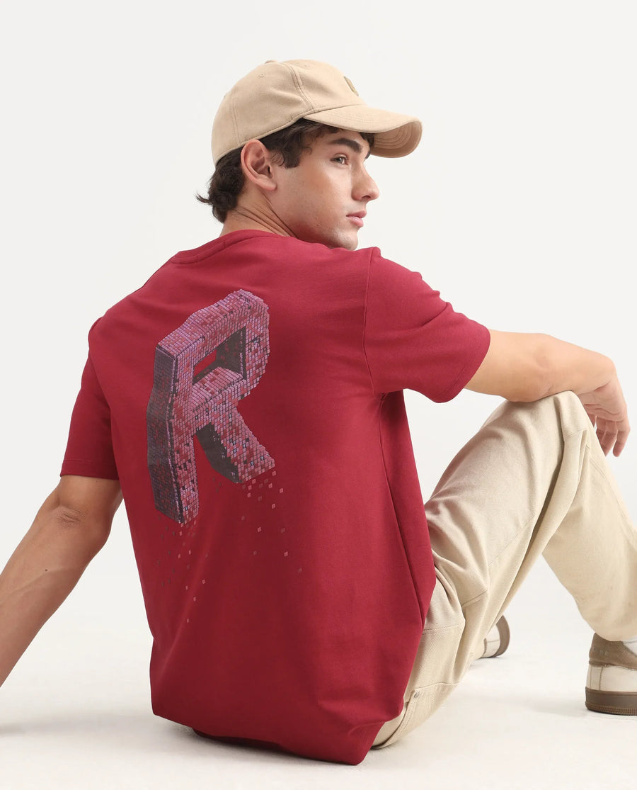 Rare Rabbit Men's Favo Red Cotton Crew Neck Regular Graphic Print T-Shirt