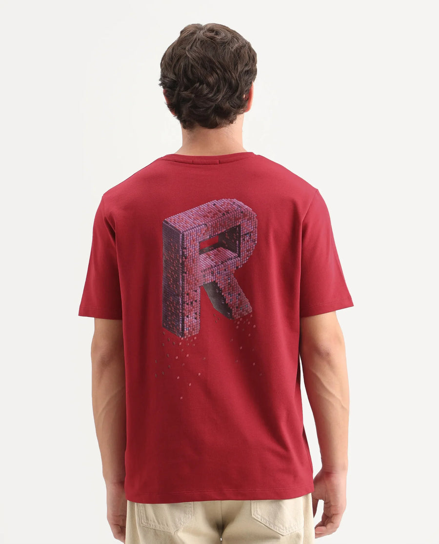 Rare Rabbit Men's Favo Red Cotton Crew Neck Regular Graphic Print T-Shirt