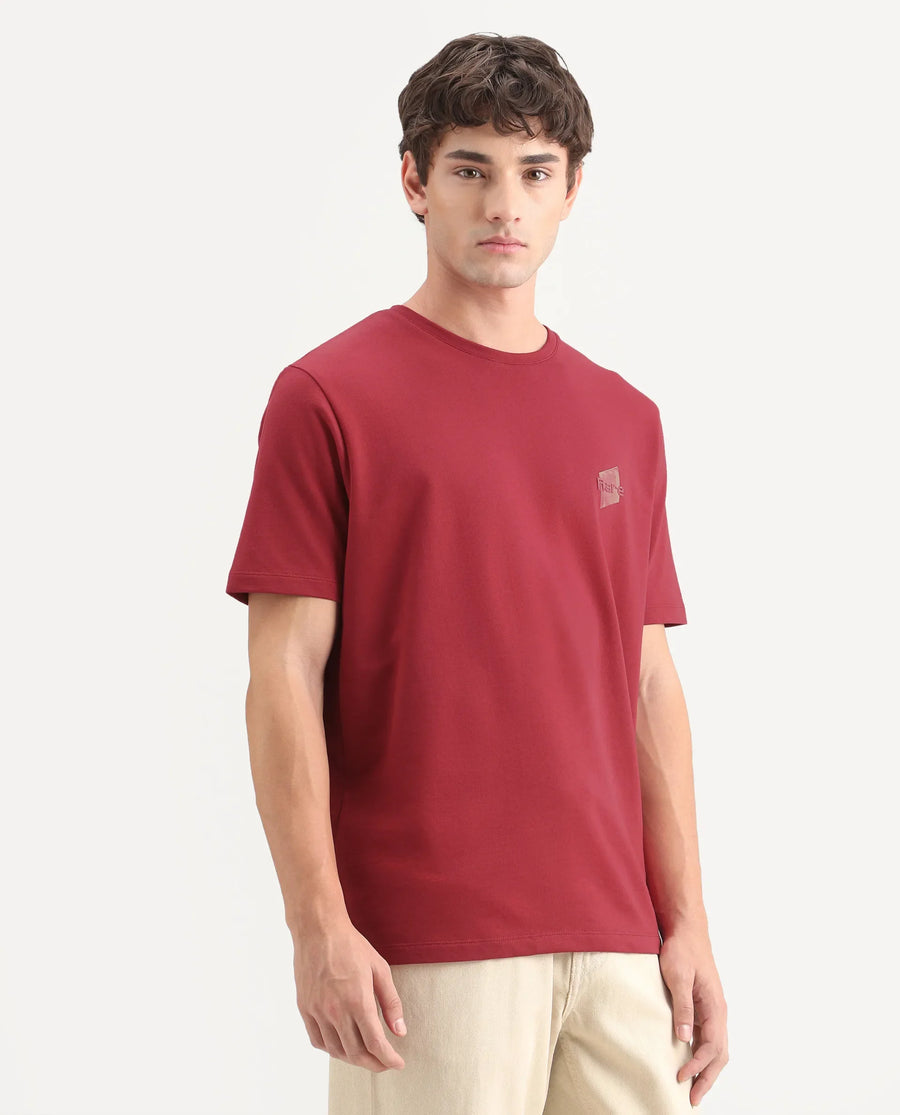 Rare Rabbit Men's Favo Red Cotton Crew Neck Regular Graphic Print T-Shirt
