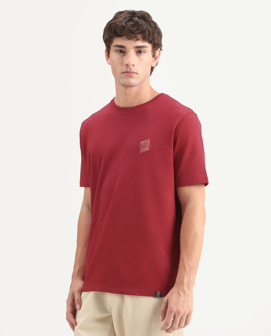 Rare Rabbit Men's Favo Red Cotton Crew Neck Regular Graphic Print T-Shirt