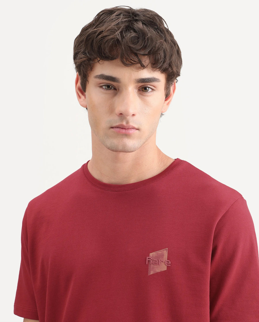 Rare Rabbit Men's Favo Red Cotton Crew Neck Regular Graphic Print T-Shirt