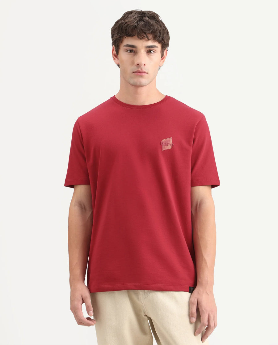 Rare Rabbit Men's Favo Red Cotton Crew Neck Regular Graphic Print T-Shirt
