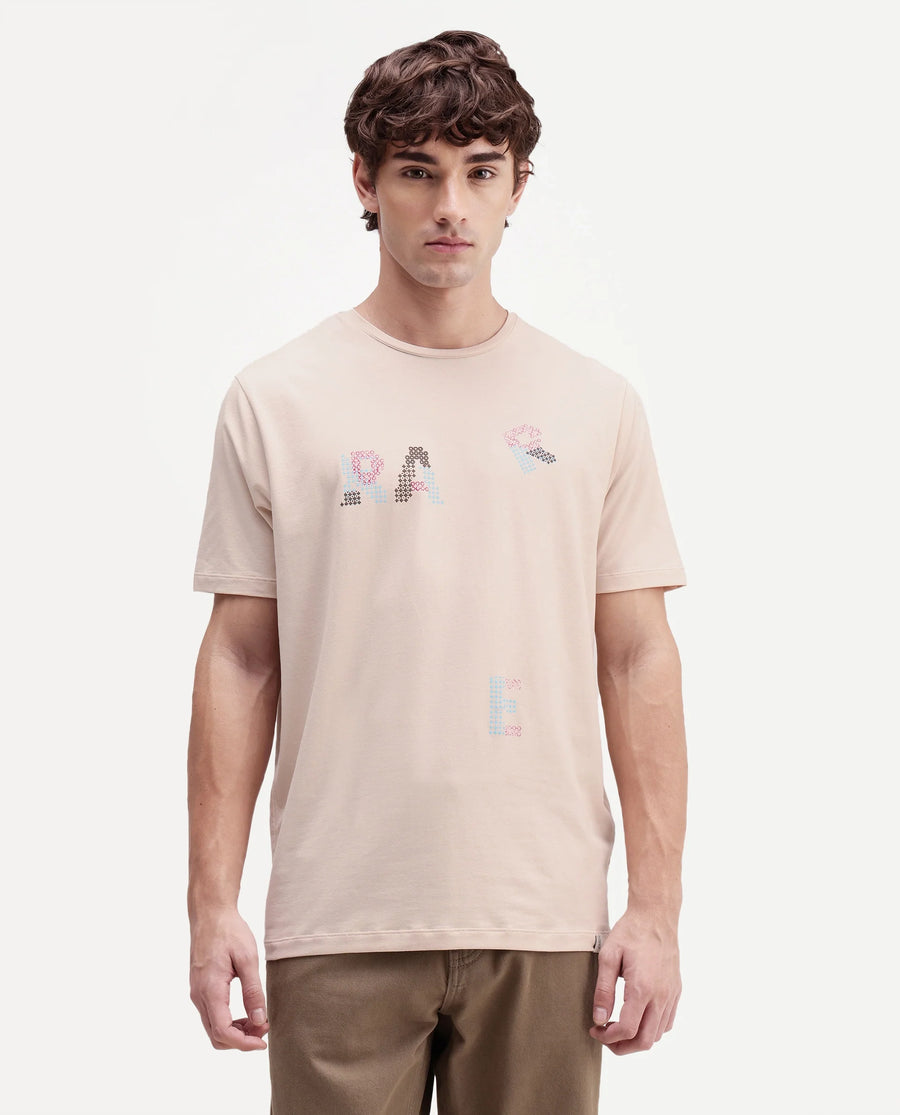 Rare Rabbit Men's Pexo Light Beige Cotton Blend Crew Neck Regular Graphic Print T-Shirt
