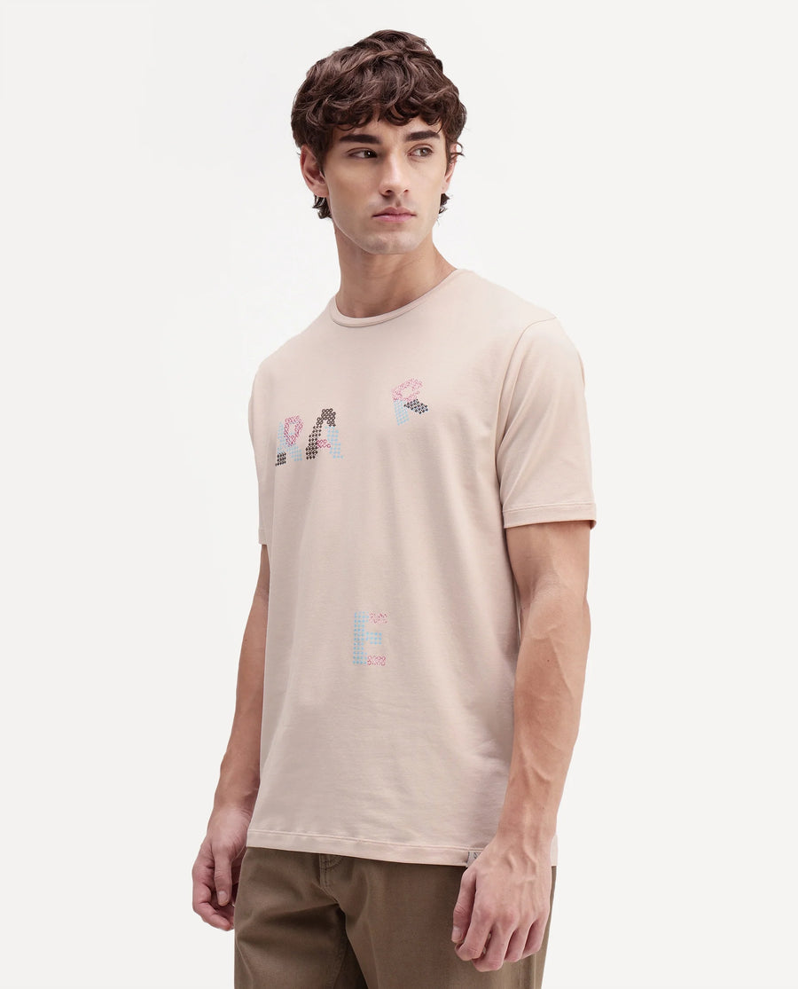 Rare Rabbit Men's Pexo Light Beige Cotton Blend Crew Neck Regular Graphic Print T-Shirt