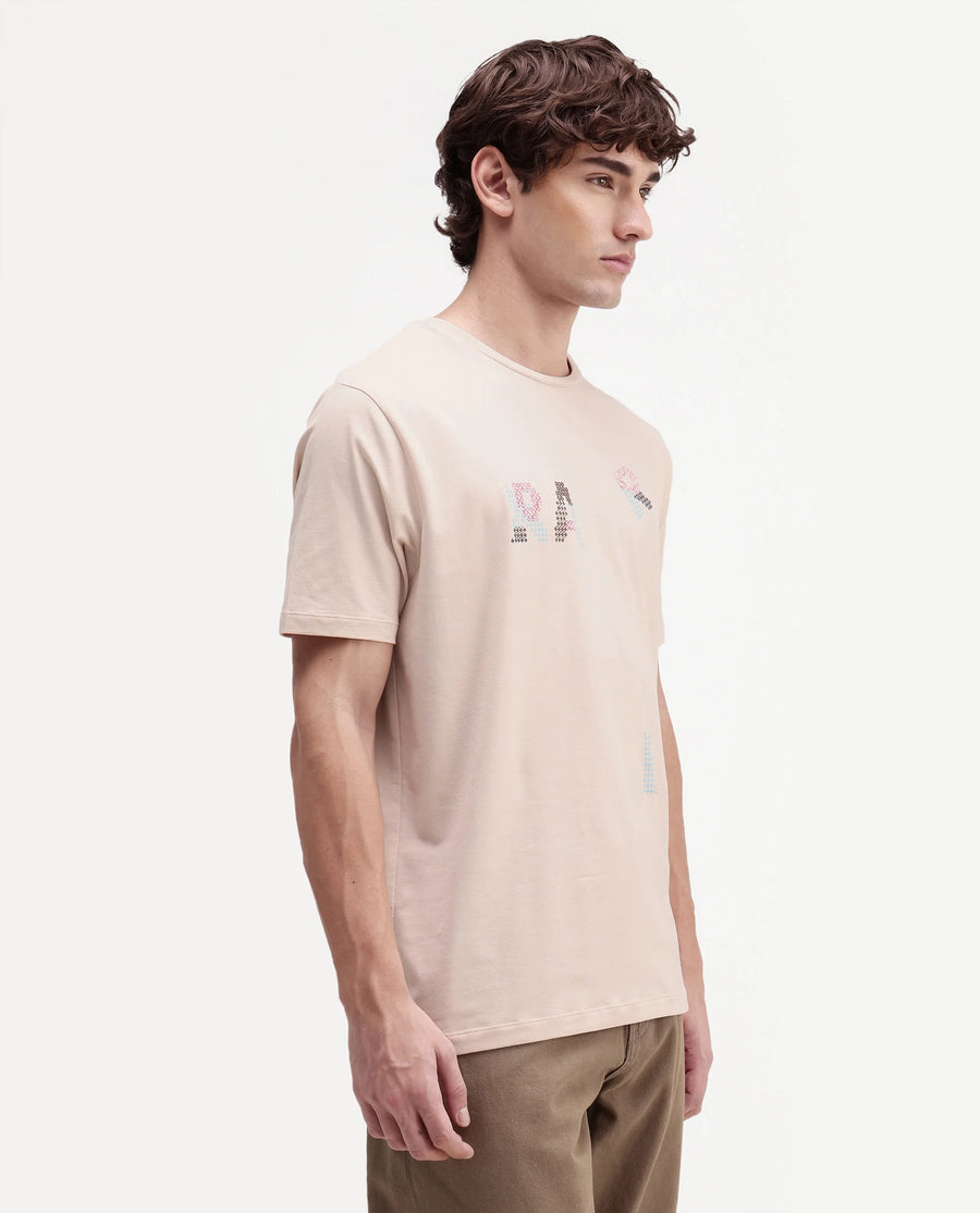 Rare Rabbit Men's Pexo Light Beige Cotton Blend Crew Neck Regular Graphic Print T-Shirt