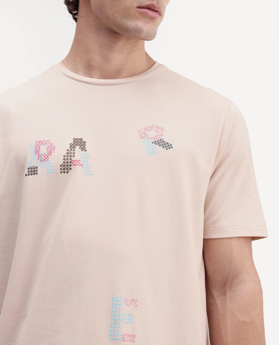 Rare Rabbit Men's Pexo Light Beige Cotton Blend Crew Neck Regular Graphic Print T-Shirt