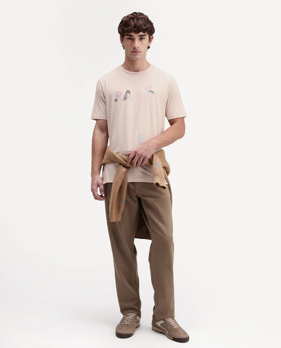 Rare Rabbit Men's Pexo Light Beige Cotton Blend Crew Neck Regular Graphic Print T-Shirt