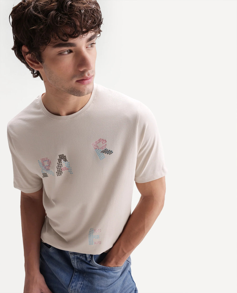 Rare Rabbit Men's Pexo Light Beige Cotton Blend Crew Neck Regular Graphic Print T-Shirt