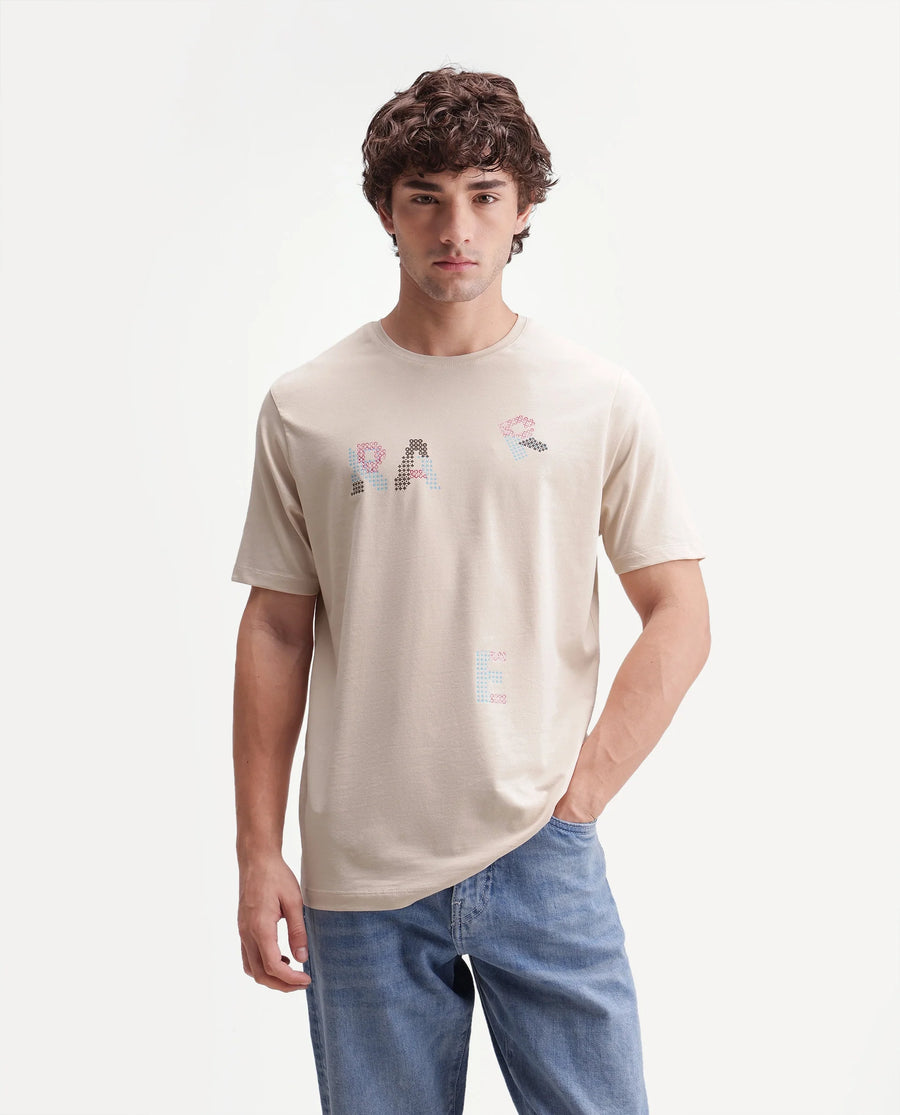 Rare Rabbit Men's Pexo Light Beige Cotton Blend Crew Neck Regular Graphic Print T-Shirt