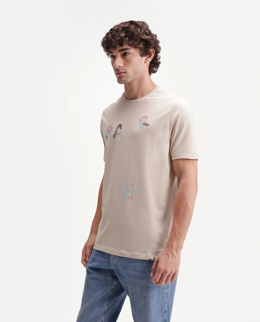 Rare Rabbit Men's Pexo Light Beige Cotton Blend Crew Neck Regular Graphic Print T-Shirt