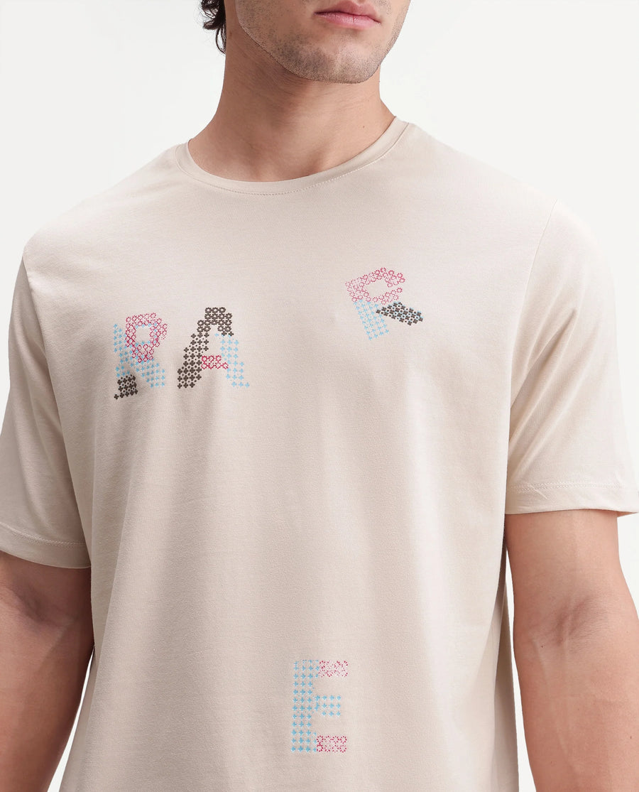 Rare Rabbit Men's Pexo Light Beige Cotton Blend Crew Neck Regular Graphic Print T-Shirt