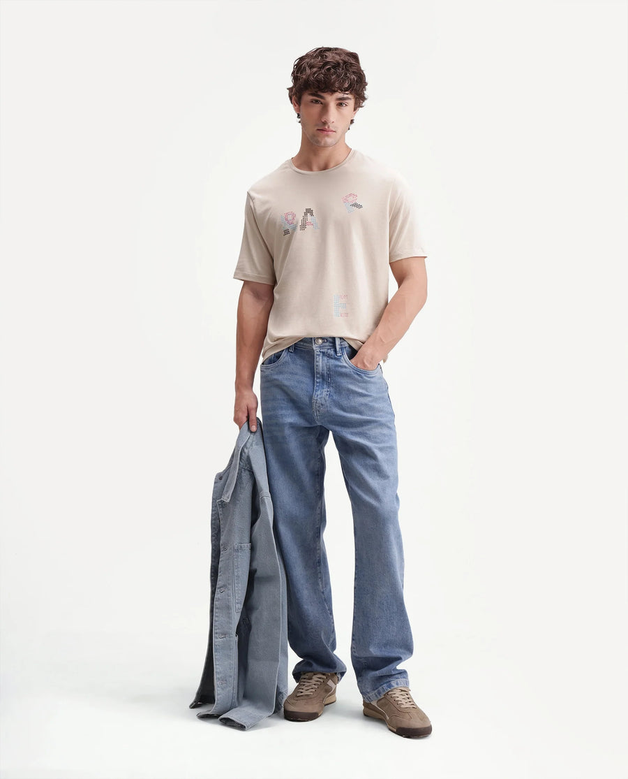 Rare Rabbit Men's Pexo Light Beige Cotton Blend Crew Neck Regular Graphic Print T-Shirt
