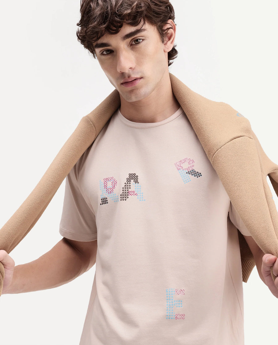 Rare Rabbit Men's Pexo Light Beige Cotton Blend Crew Neck Regular Graphic Print T-Shirt