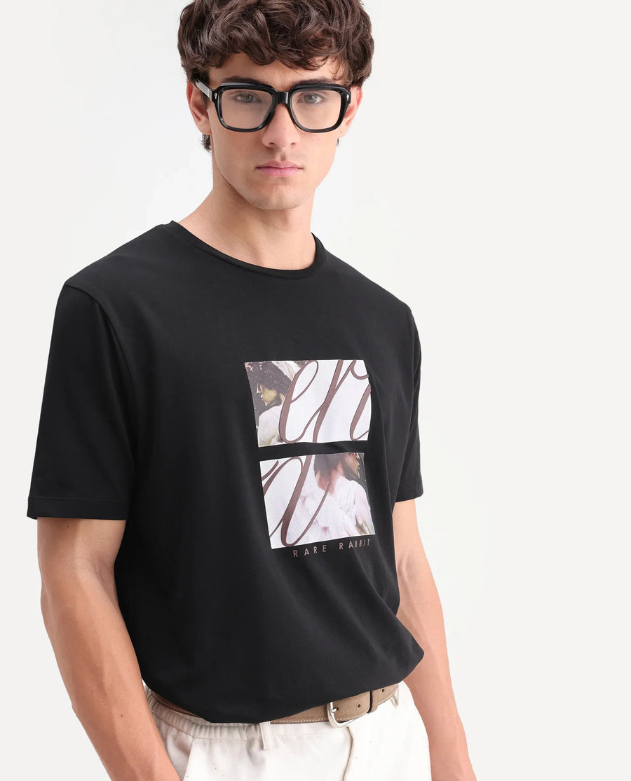 Rare Rabbit Men's Lobe Black Cotton Blend Crew Neck Regular Graphic Print T-Shirt
