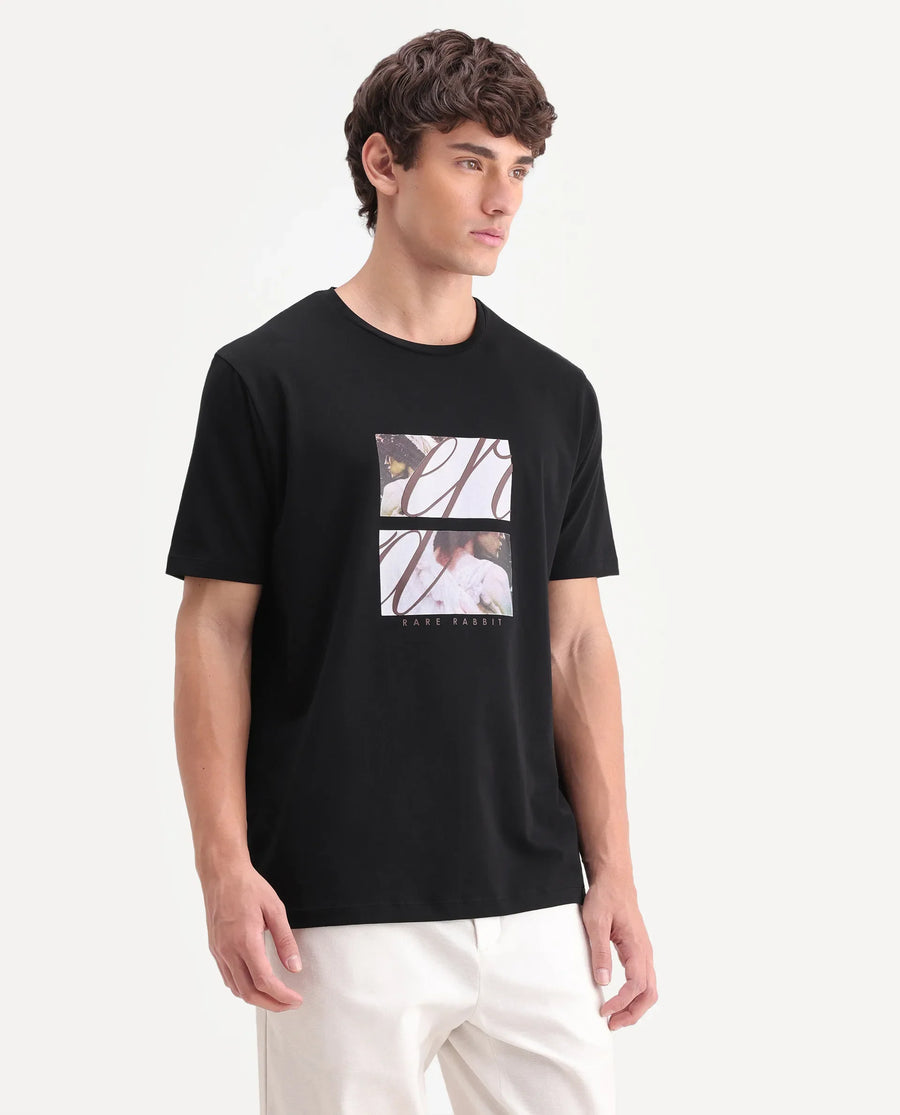 Rare Rabbit Men's Lobe Black Cotton Blend Crew Neck Regular Graphic Print T-Shirt