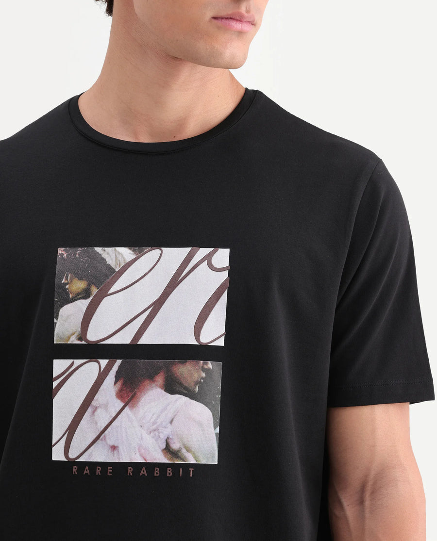 Rare Rabbit Men's Lobe Black Cotton Blend Crew Neck Regular Graphic Print T-Shirt
