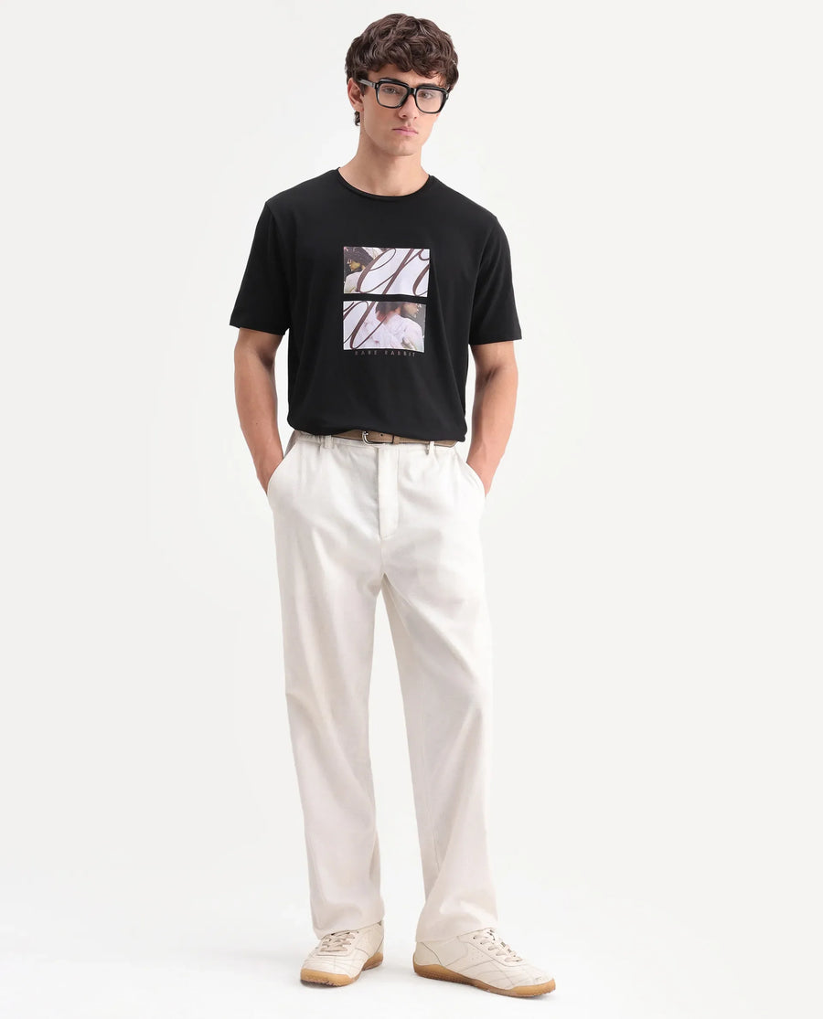 Rare Rabbit Men's Lobe Black Cotton Blend Crew Neck Regular Graphic Print T-Shirt