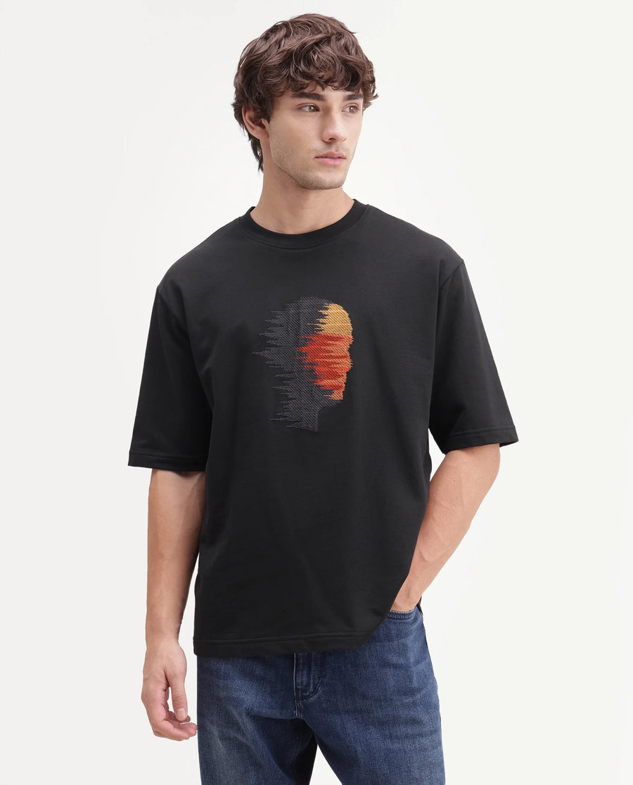 Rare Rabbit Men's Varol Black Cotton Crew Neck Regular Graphic Print T-Shirt