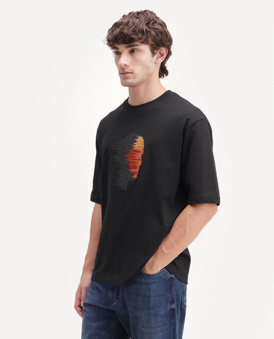 Rare Rabbit Men's Varol Black Cotton Crew Neck Regular Graphic Print T-Shirt