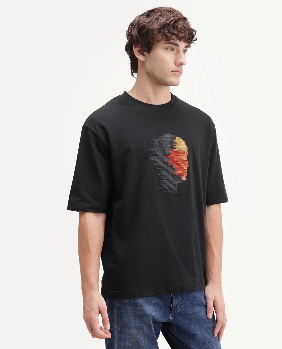 Rare Rabbit Men's Varol Black Cotton Crew Neck Regular Graphic Print T-Shirt