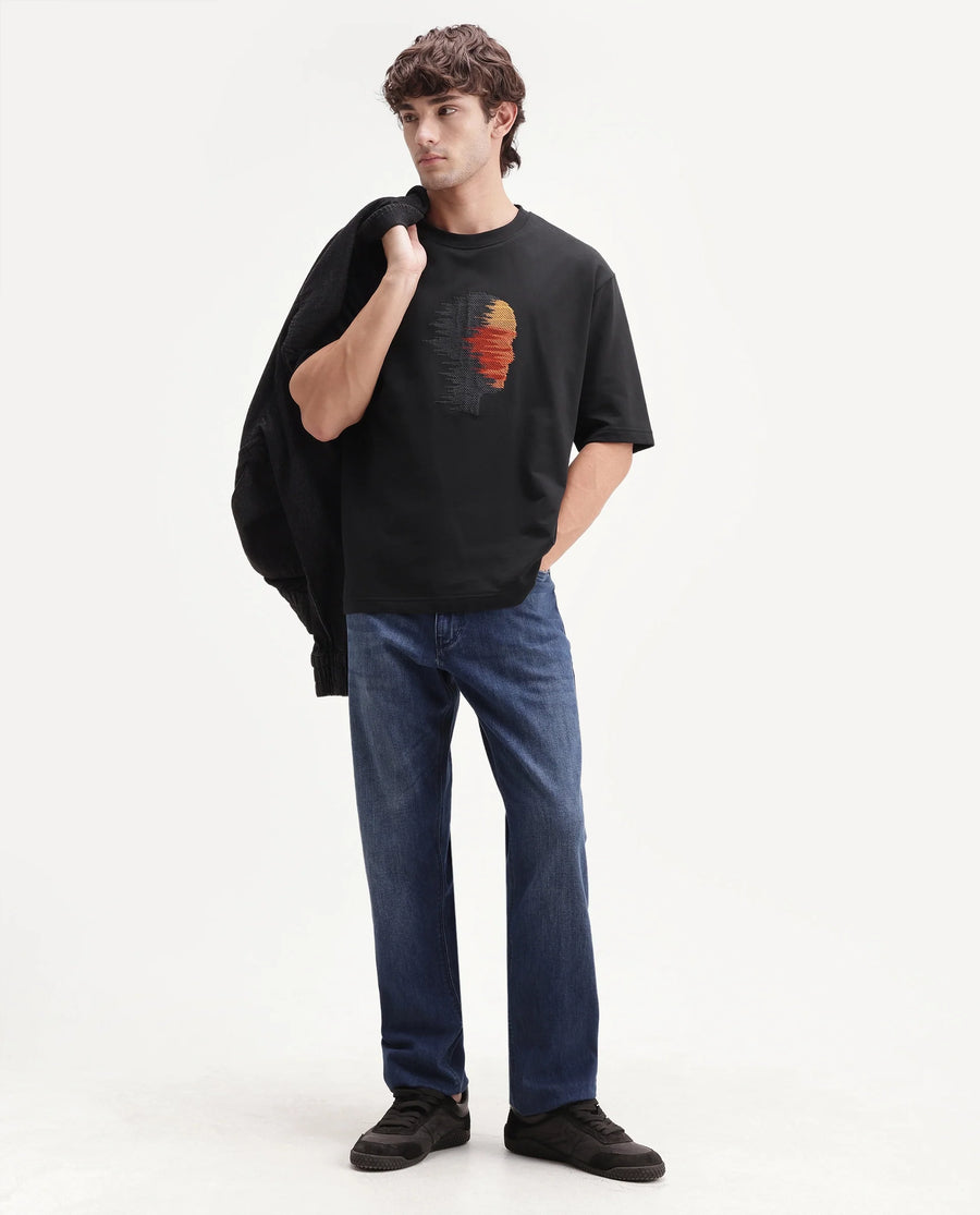 Rare Rabbit Men's Varol Black Cotton Crew Neck Regular Graphic Print T-Shirt