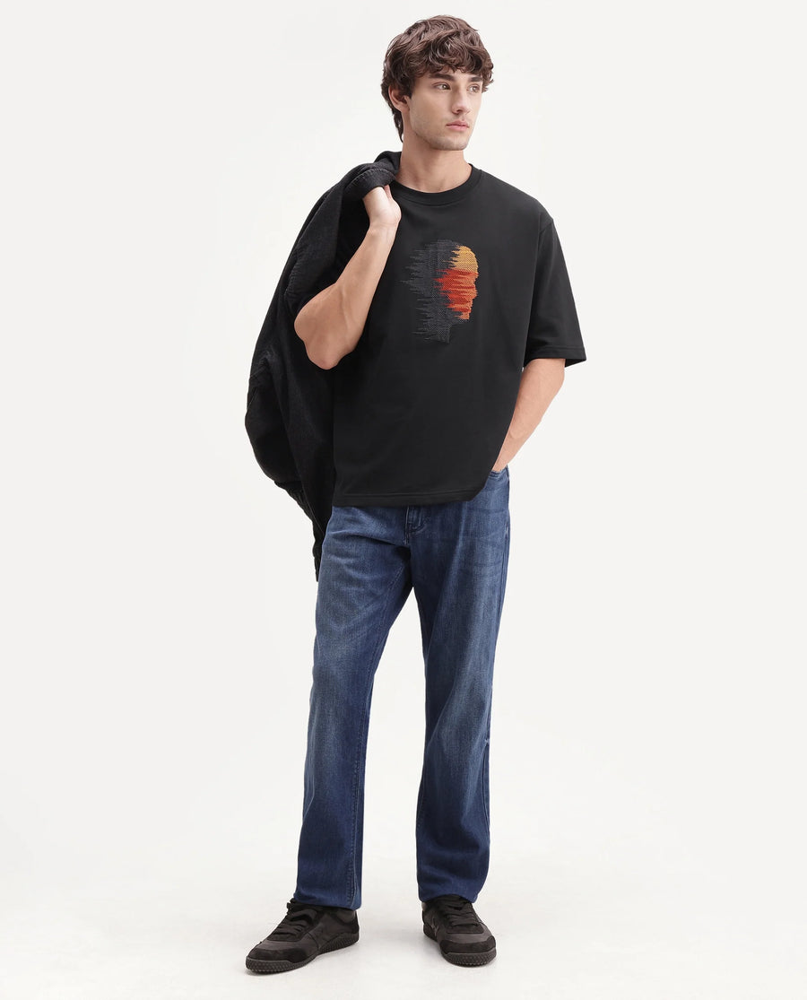 Rare Rabbit Men's Varol Black Cotton Crew Neck Regular Graphic Print T-Shirt