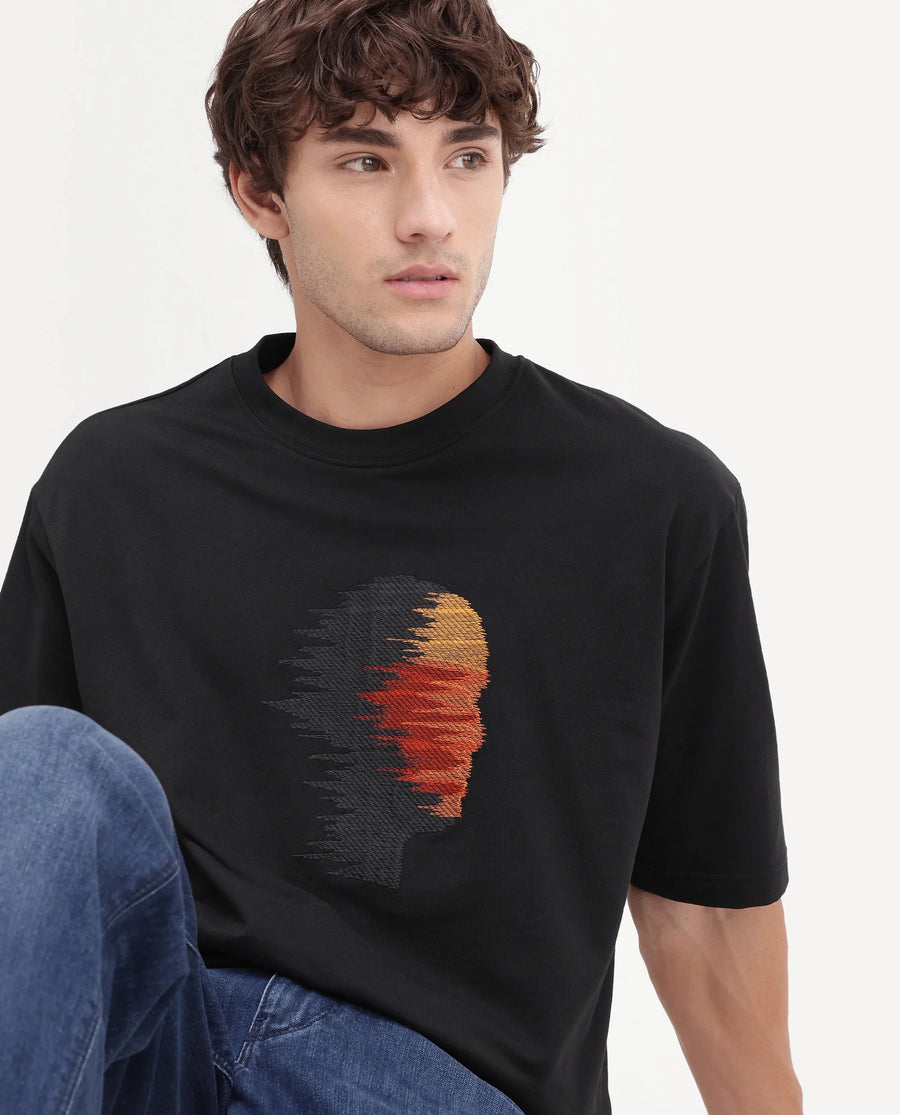 Rare Rabbit Men's Varol Black Cotton Crew Neck Regular Graphic Print T-Shirt