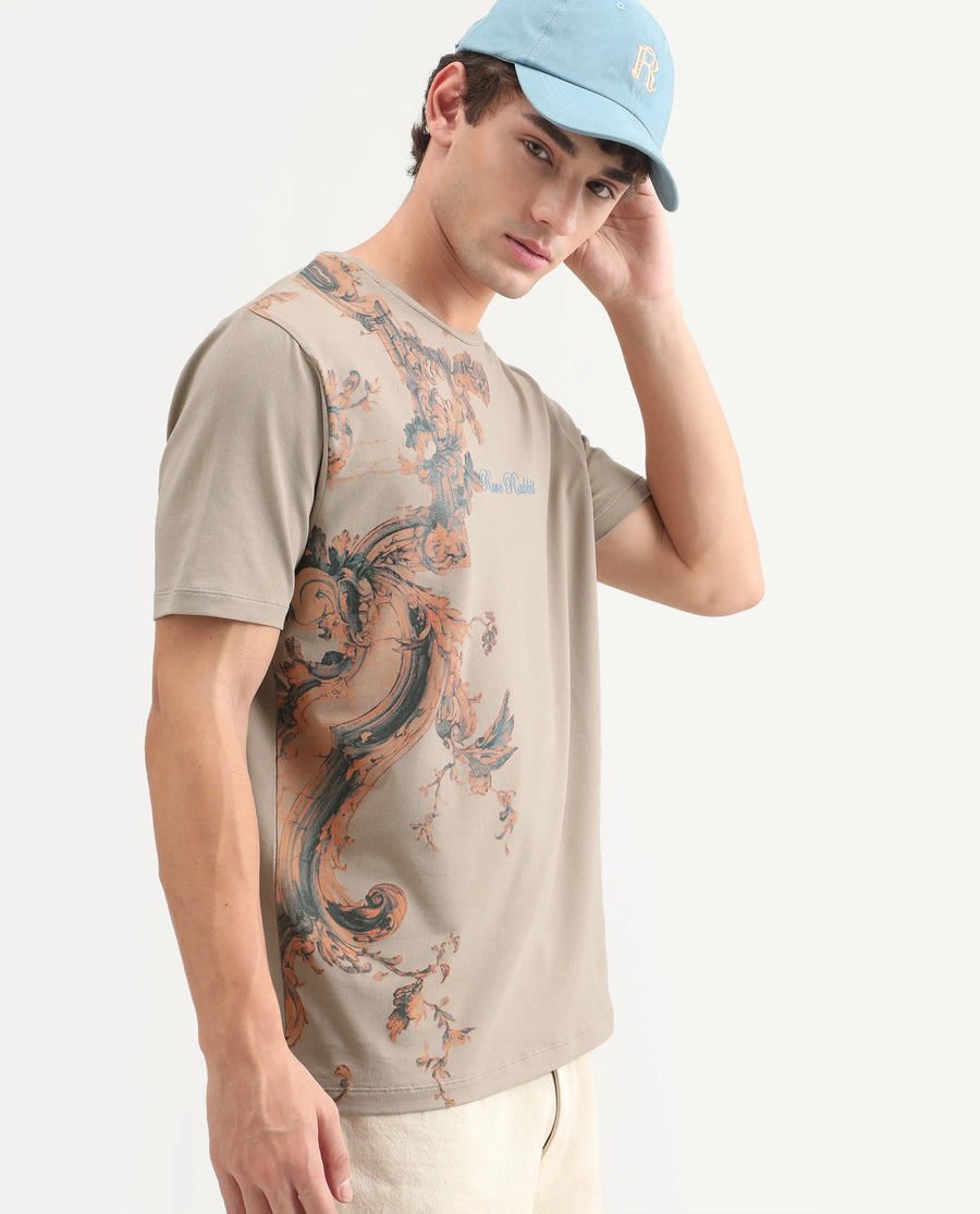 Rare Rabbit Men's Tican Beige Cotton Blend Crew Neck Regular Graphic Print T-Shirt