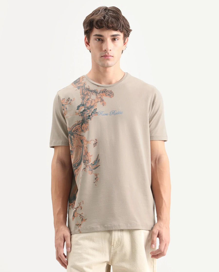 Rare Rabbit Men's Tican Beige Cotton Blend Crew Neck Regular Graphic Print T-Shirt