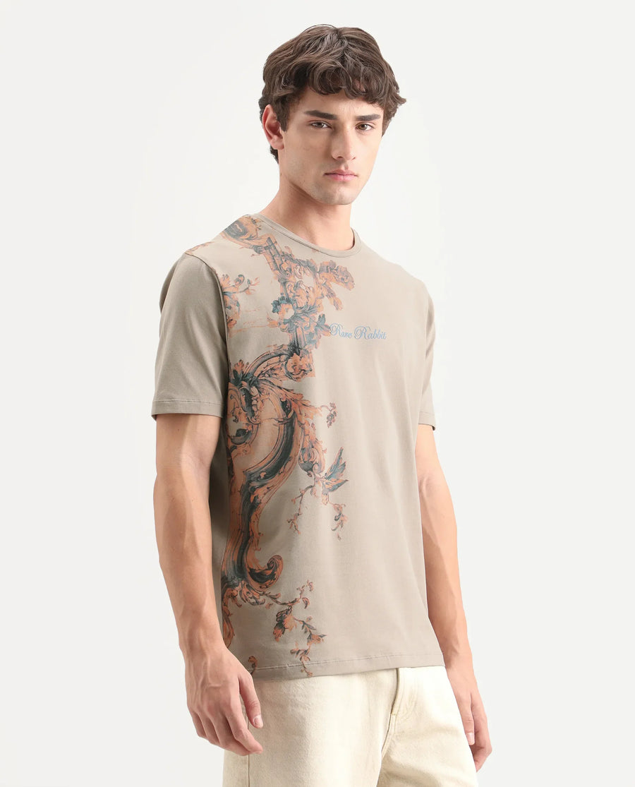 Rare Rabbit Men's Tican Beige Cotton Blend Crew Neck Regular Graphic Print T-Shirt
